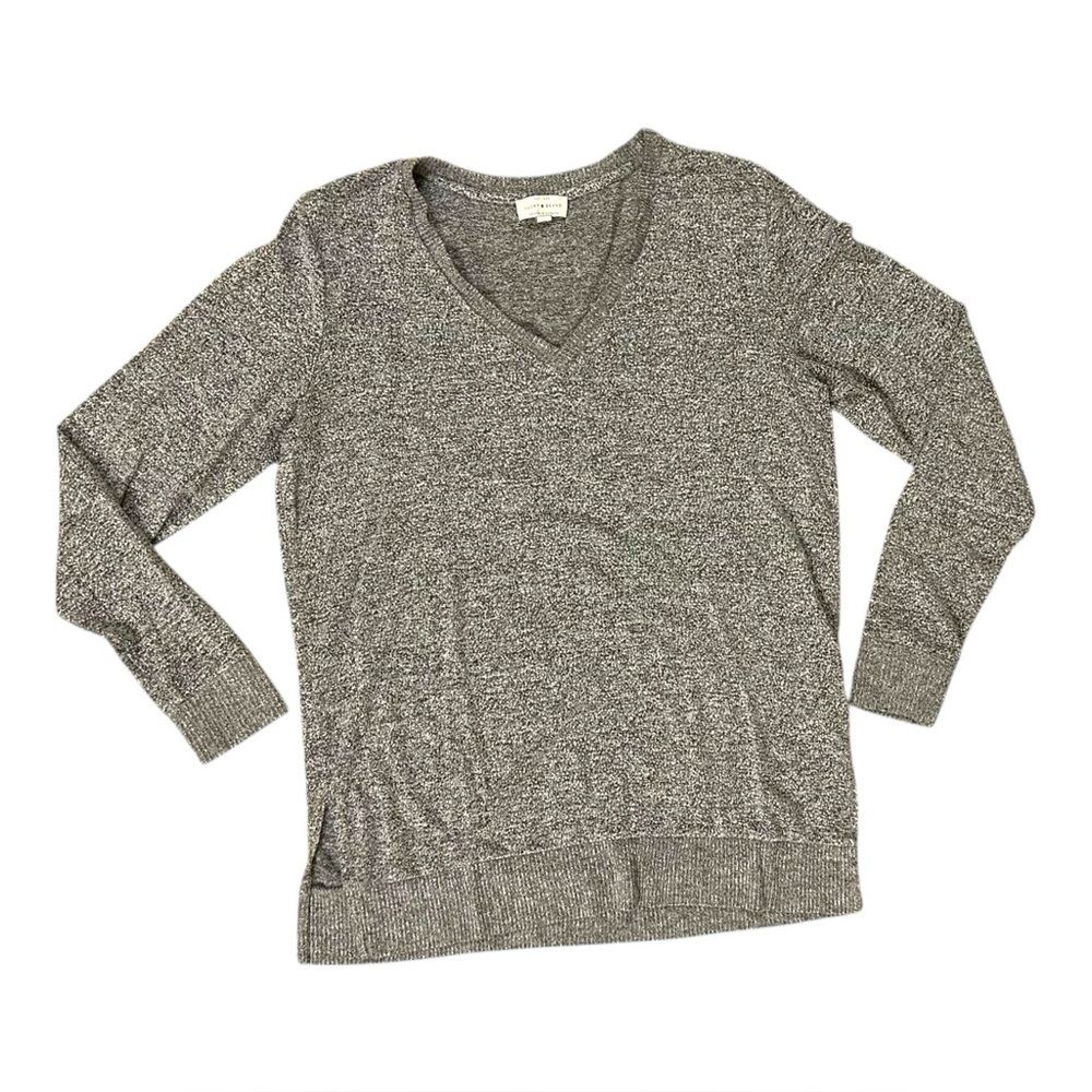Lucky Brand Tunic Women’s Large Gray V Neck Rib Hem Knit Boho Mottled Relaxed